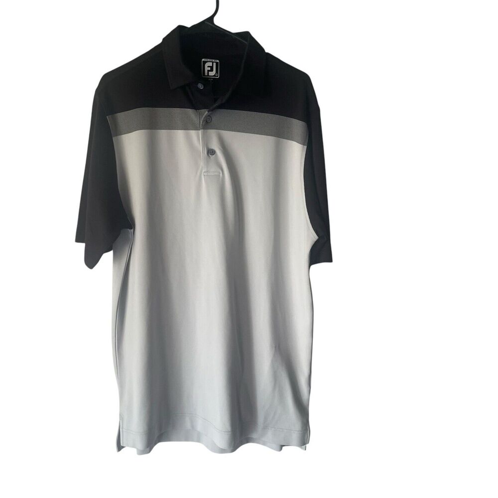 FJ Footjoy Men's Large Athletic Fit Black Gray Colorblock Golf Short Sleeve Polo